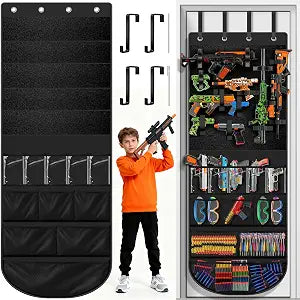 Advanced Over Door Toy Gun Organizer with Wide Hook and LoopStraps, Superior Hold for Blasters, Water Guns,Accessories,Customizable Storage with 11 Pockets & 25 Straps forKids Room (Black)