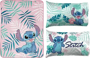 Jay Franco Disney Lilo & Stitch Misty Palm Throw 3-Piece Bundle-Includes Throw, Pillowcases