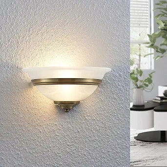 12.2" Antique Brass Half Moon Wall Sconce Light, Uplight Wall Mount Light with Frosted Glass Bowl Shade, Traditional Wall Sconce for Bedroom Living Room Hallway, E26 Bulb Not Included