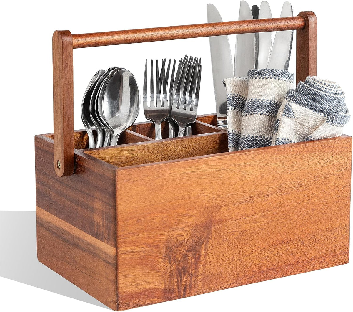 Acacia Wood Utensil Caddy with Handle, Wooden Silverware Holder, Multi-purpose Organizer for Kitchen, Office, Bathroom, Bedroom