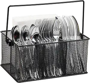 Mind Reader Multi-purpose Storage Caddy with Handle, Desktop Organizer, Cutlery Holder, 4 Compartments, Metal Mesh, Black