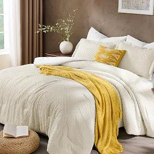 JOLLYVOGUE Queen Comforter Set 7-Piece, Boho Tufted Bed in a Bag, Beige