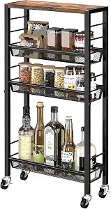 Narrow Storage Cart with Wheels,4-Tier Narrow Kitchen Carts Slim Rolling Cart,Skinny Storage Cart for Small Spaces,Rolling Utility Cart for Livingroom,Diningroom,Office,Laundry Room,Bathroom