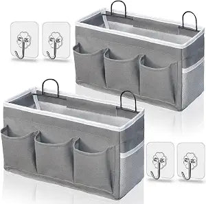 Kanrichu Wall Hanging Organizer Bag, 2-Pack Linen Storage Baskets with Pockets, WallHanging Storage Basket for Bedroom, Kitchen, Office, RV Camper (Gray)