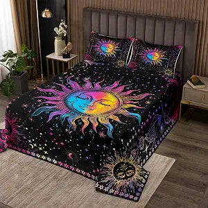 Erosebridal Boho Sun Moon Bedspread Set 3 Piece Rainbow Tie Dye Bedding Sets King Colorful Psychedelic Galaxy Coverlet,Starry Night Decorations Quilt Set Trippy Celestial Constellation Bed Cover