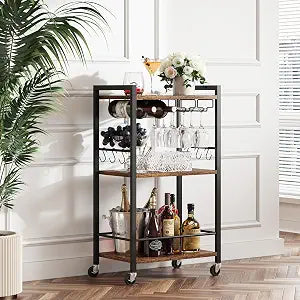 TUTOTAK Bar Cart with Wheels, Mini Drink Cart with Wine Rack & Glass Holder