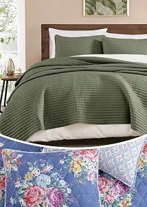 Queen Quilt Bedding Bundle 2 Sets - Olive Green Solid + Floral Farmhouse