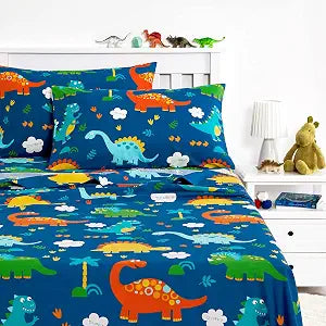 Wake In Cloud - Dinosaur Bed Sheets for Boys, 100% Cotton, 4-Piece Sheet Set Kids, Cute Colorful Cartoon Animal Leaf Tree Pattern Printed Bedding, Deep Pocket, Navy, Full Size