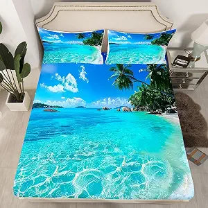 Ocean Fitted Sheet, Summer Beach Bedding Sets, Hawaiian Vacation Style Fitted Bed Sheets Palm Trees Tropical Nature Sea Theme 2 Pces Bedding Decor Set,1 Pillowcase,Twin,Not Including Flat Sheet