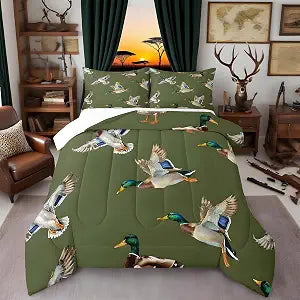 jejeloiu Cute Mallard Duck Comforter Set Twin Size Kids Wild Duck Hunting Comforter for Boys Teens Hunting and Fishing 3D Wild Animal Bedding Set Green Duvet Set Room Decor Quilt Set