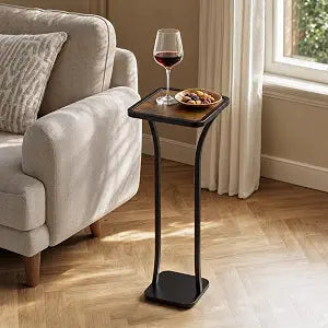 Small Square Side Table, Drink Table with Weighted Base, Solid Wood & Metal Accent Table for Small Spaces, Pedestal End Table for Living Room, Bedroom, Office(Black + Walnut)
