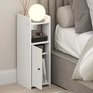 Furinno Fulda Night Stand, 4-Tier Nightstand, Bedside Table, Narrow End Table with Door and Adjustable Shelves, 24H, for Small Spaces, Bedroom, Dorm Room, Living Room, White