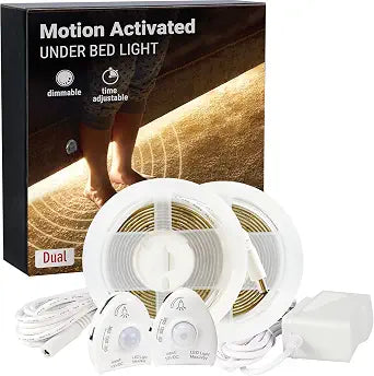 Under Bed Lights Motion Sensor, Motion Activated Bed Lighting,12V Power Adapter, Dimmable LED Strip Night Light for Bedroom,Stairs,Crib,Cabinet,Warm White -2 x 5FT -Dual Kit