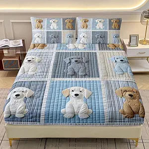 AILONEN 3Pcs Kawaii Dog Printed Kids Bedding Set Twin Size,Blue White Cartoon Animal Fitted Sheet with 2 Pillowcases