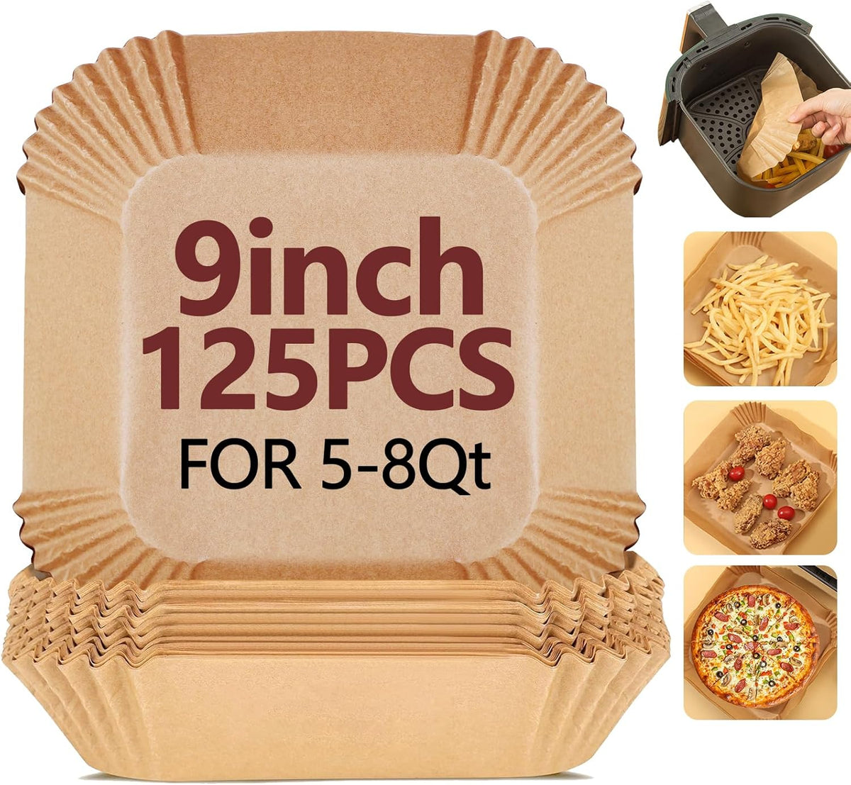 9 Inch Air Fryer Liners Disposable-125PCS Square Parchment Paper Liners,Heat Resistant & Non-Stick,Unbleached Liners for Air Fryer,Oven,Roasting,Baking,Microwaveï¼ˆBottom is 8 Inchï¼‰