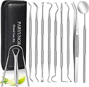 11 Pack Dental Tools PARYUNGR Teeth Cleaning Tool Kit, Stainless Steel Tongue Scraper Tartar Plaque Remover Tooth Cleaner Dental Floss Picks Mouth Mirror, Professional Oral Care Hygiene Set with Case