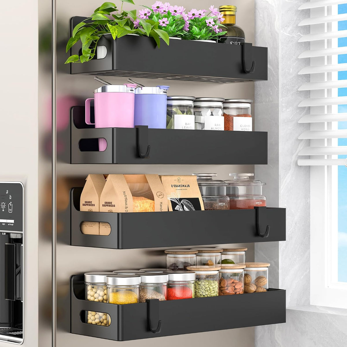 HuggieGems Upgrade Black Magnetic Spice Rack for Refrigerator, 4 Pack