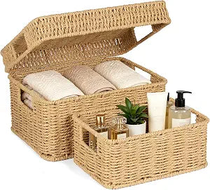 Wicker Storage Basket with Lid for Shelves, Set of 2, Natural