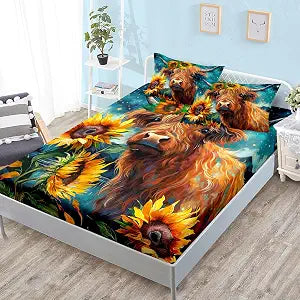 HOSIMA Western Farmhouse Animals Cow and Sunflower Bedding Set with 2 Pillowcases, Highland Cow Print Twin Fitted Sheet, Floral Galaxy Star Moon Fitted Sheet