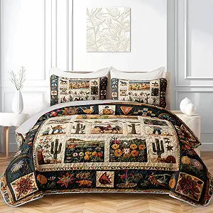 Western Wrangler Brown Horses Quilts Bedding Twin 3Pcs Chic Desert Scenery Cactus Bed Set Wild Plant Flower Pattern Bedspread Coverlet with 2 Pillowcases for Kid Boy Girl Teen Adult Room Decor