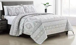 Grand Linen - 3-Piece Fine Printed Oversize (118 X 95) Quilt Set Reversible Bedspread Coverlet (California) Cal King Size Bed Cover (Aqua Blue Green, Light Grey Brown Floral Medallions)