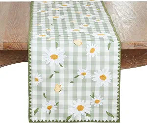 SARO LIFESTYLE Embroidered Gingham Daisy Table Runner  Floral Non-Reversible Table Runner for Dining Table, 16"x70"