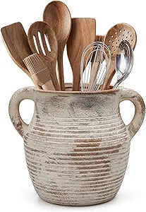 Rustic Utensil Holder for Kitchen Counter - Ceramic Farmhouse Cooking Utensil Crock & Organizer for Spatula, Spoon - Vintage Kitchen Decor (Taupe)