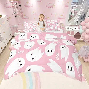 Castle Fairy Happy Halloween Kids Comforter Set Twin Size,Cartoon Ghost Pink White Bedding Set for Children Bedroom Decor, Watercolor Print Ultra Soft Quilt with 1 Pillowcase