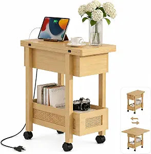 YOSHOOT Narrow End Table with Charging Station, Small Bedside Table