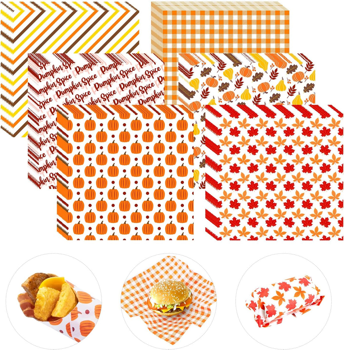 240Pcs Fall Wax Paper Dry Waxed Deli Paper Sheet 12x12 inch Sandwich Wrap Pumpkin Maple Leaf Checkered Decorative Parchment Papers Food Basket Liners for Home Kitchen Picnic Party
