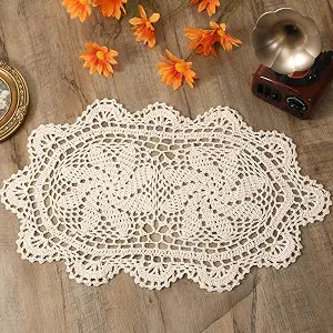 Handmade Crochet Doilies Cotton Lace Table Runner Doilies Vintage Flower Oval Knitted Coasters Placemats for Furniture, Tables, Dressers, Dessert Trays, Crafts, 10 x16inch, Beige