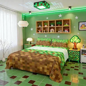 Manfei Pixelated Sheets Full 4Pcs,Video Games Gamepad Miners Bed Sheets Set,Geometric Grid Bed Set for Boys Girls Bedroom,Brown Green Bedding with Flat Sheet + Fitted Sheet + 2 Pillow Cases