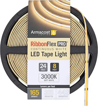 Armacost Lighting RibbonFlex Pro 24V White COB LED Strip Light Tape 3000K, 165 Lumens/Ft, 2.5M 171210