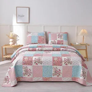 Queen Quilt Set, Floral Patchwork Bedspread, Pink Bedding Set