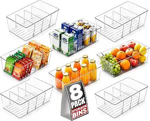 Oizeir Clear Pantry Organizer Bins 8-Pack - Fridge Organizer with 3 Removable Dividers, Ideal for Kitchen, Pantry, Refrigerator, Freezer, and Snack Storage