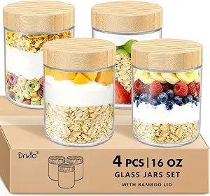 DRKIO 16 Oz Overnight Oats Containers with Lids Glass Jars with Bamboo Lids