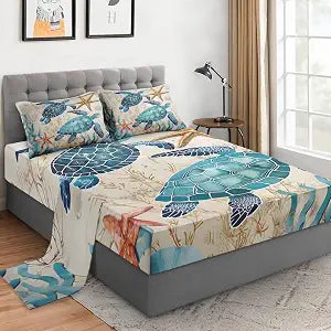WeCozy Full Bed Sheet Set, 4 Pieces Ocean Coral Bedding with Flat