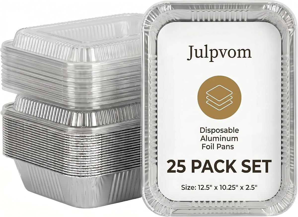 25 Pack 9x13 Aluminum Foil Pans with Clear Lids Half Size