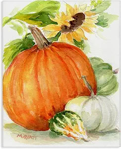 Stupell Industries Pumpkin Sunflower and Gourd Fall Farm Harvest, Design by Melissa Hyatt LLC Canvas Wall Art, 16 x 20, White
