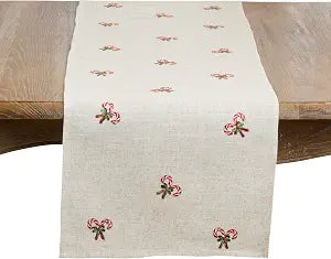SARO LIFESTYLE Candy Cane Embroidered Holiday Linen Blend Table Runner - Table Runner for Festive Dining Tables, Seasonal Entertaining, Holiday Kitchen Dcor, and Winter Tablescapes, 16"x70", Natural