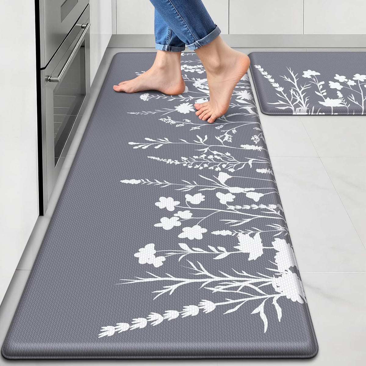 Kitchen Mats for Floor, 2-Piece Anti-Fatigue Kitchen Rugs, Grey