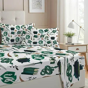 Allenjoy Twin Size Green Magical Items Fitted Sheet Potion and Dagger Symbols Bed Flat Sheets Bedding Set Deep Pockets Up to 16" Bedroom Decor with 1 Pillowcase SC01479-009