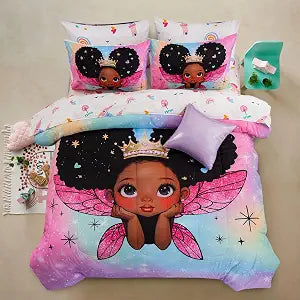A Nice Night Black Girl Princess with Wings 6Pc Comforter Sets,Twin