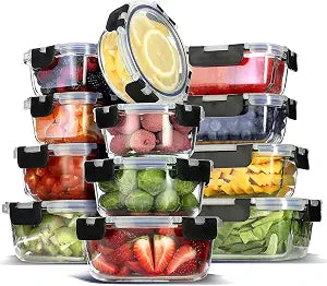 EATEX 24pc Glass Food Storage Containers with Lids BPA-Free, Black
