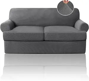 PrinceDeco T Cushion Loveseat Slipcover 3 Pieces Sofa Covers for T Cushion Sofa Stretch Sofa Covers for 2 Cushion Couch with 2 Individual T Shape Seat Covers Width Up to 76"- Washable, Grey