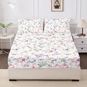 Floral Fitted Sheet with Pillow Cases, 100% Brushed Microfibre Deep Pocket Fitted Bottom Sheet, Ultra Soft, Shrinkage and Fade Resistant, Queen Size