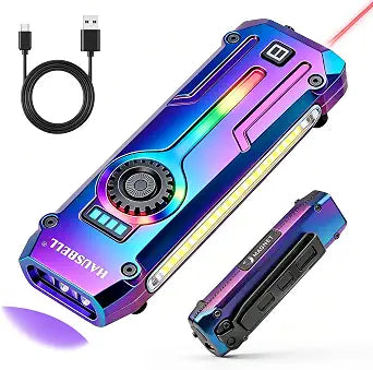 HAUSBELL Flat EDC Flashlight 1800LM Turbo, 0.6" Ultra-Slim Pocket Light with Stepless Dimming Dial, Magnetic Base, 365nm UV & Red Laser, Side-COB Flood, USB-C Fast Charge, IP44 Weatherproof