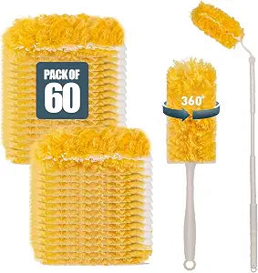 60 Pack Heavy Duty Duster Refills with Extendable 3FT Handle, Multi Surface 360 Disposable Dusters Kit for Cleaning Furniture, Blinds, Ceiling Fan & Electronics