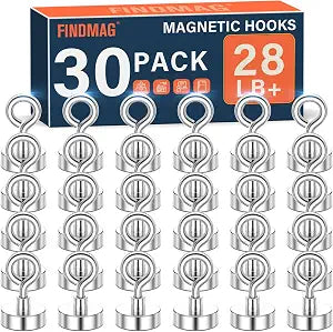 FINDMAG Magnet Hooks, 28LB+ Magnetic Hooks for Cruise Cabins 30 Pcs Silver