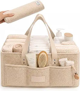 Baby Diaper Caddy Organizer with Waterproof Changing Pad, Beige
